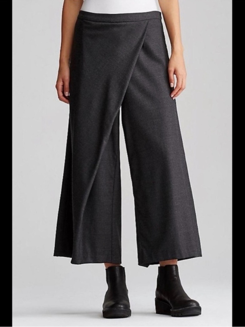Eileen Fisher Heathered Stretch Flannel Twill Wool Sarong Pants in Charcoal Grey